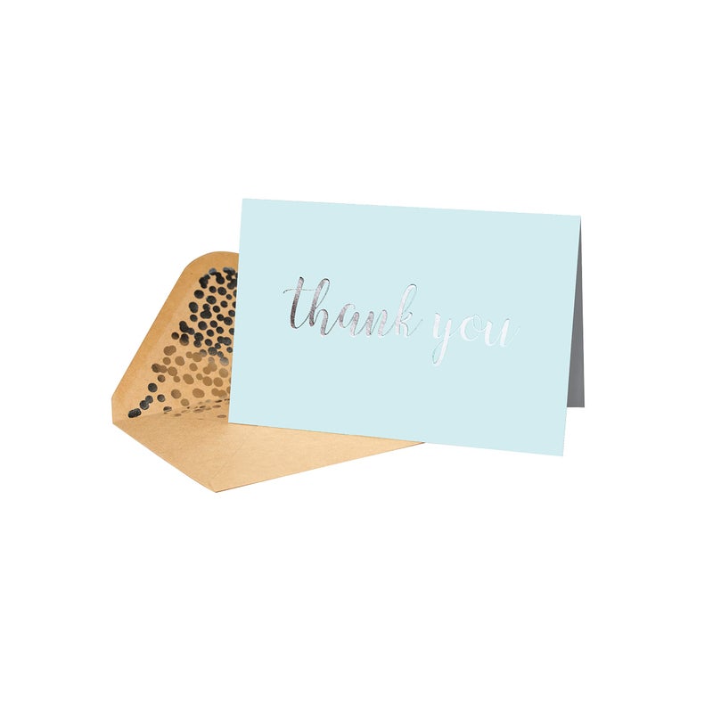 CHRIZ.Z Thank You Cards - Blank 50 Pack Baby Blue Matte Finish Cards with Silver Foiled "Thank You" Printed with 52 Confetti Design Kraft Envelopes 4" x 6" - for Bridal Shower Baby Shower Birthday Party - Image 3